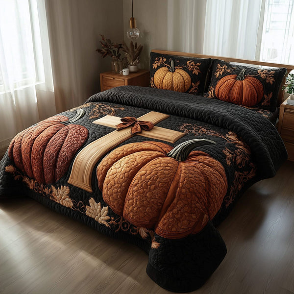 Fall for Jesus quilted 3-piece bedding set on a made bed in a softly lit bedroom