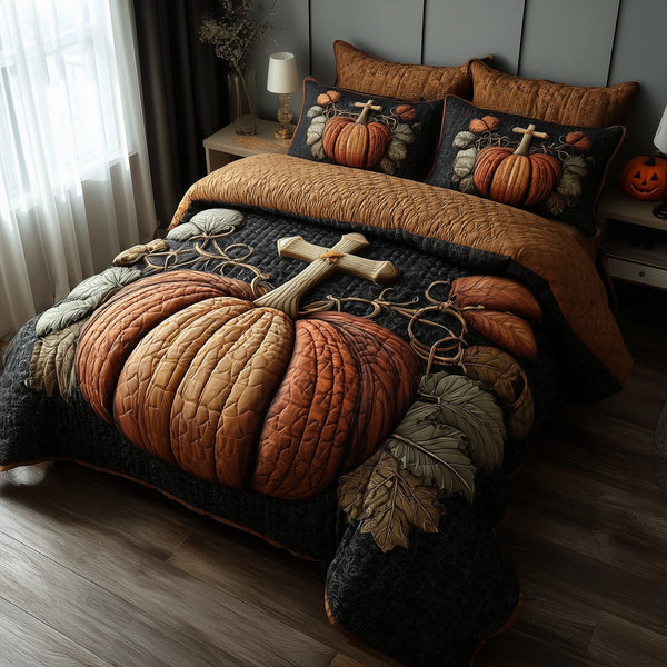 Fall for Jesus quilted 3-piece bedding set on a made bed in a softly lit bedroom