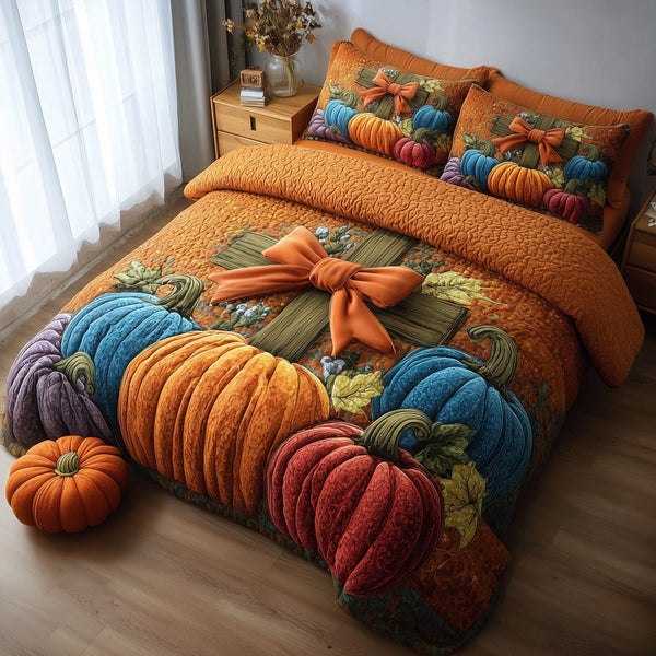 Fall for Jesus quilted 3-piece bedding set on a made bed in a softly lit bedroom
