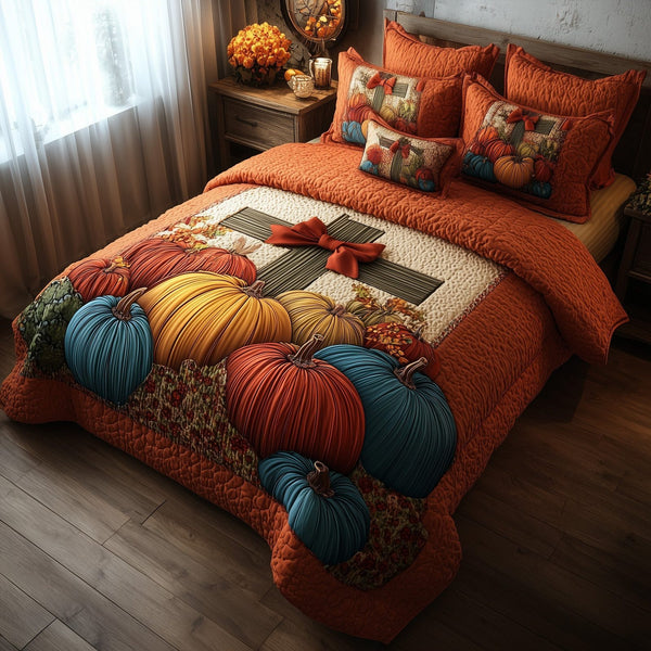 Fall for Jesus quilted 3-piece bedding set on a made bed in a softly lit bedroom