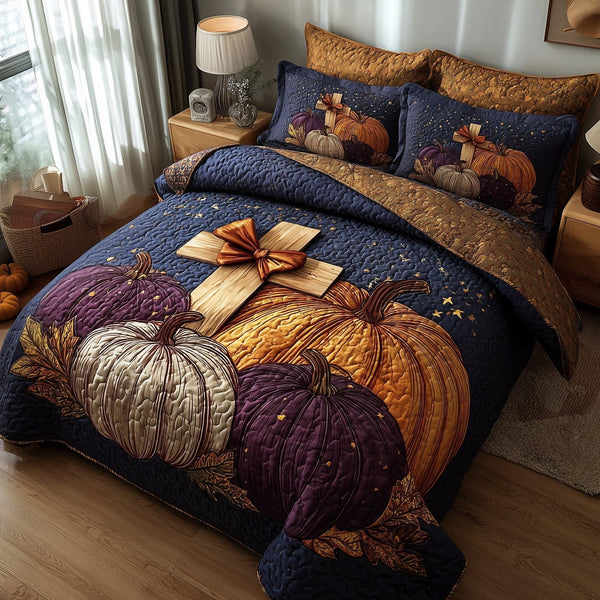 Fall for Jesus quilted 3-piece bedding set on a made bed in a softly lit bedroom
