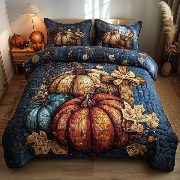 Fall for Jesus quilted 3-piece bedding set on a made bed in a softly lit bedroom