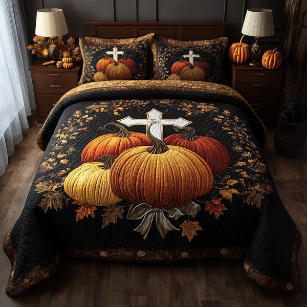 Fall for Jesus quilted 3-piece bedding set on a made bed in a softly lit bedroom