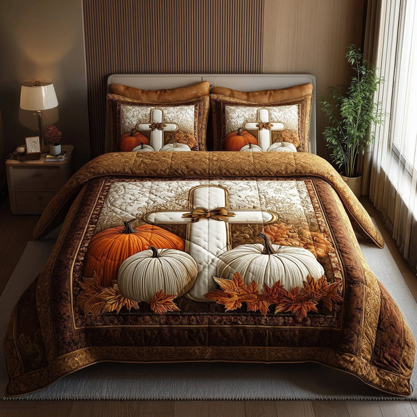 Fall for Jesus quilted 3-piece bedding set on a made bed in a softly lit bedroom