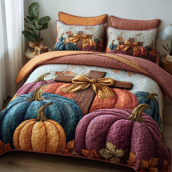 Fall for Jesus quilted 3-piece bedding set on a made bed in a softly lit bedroom