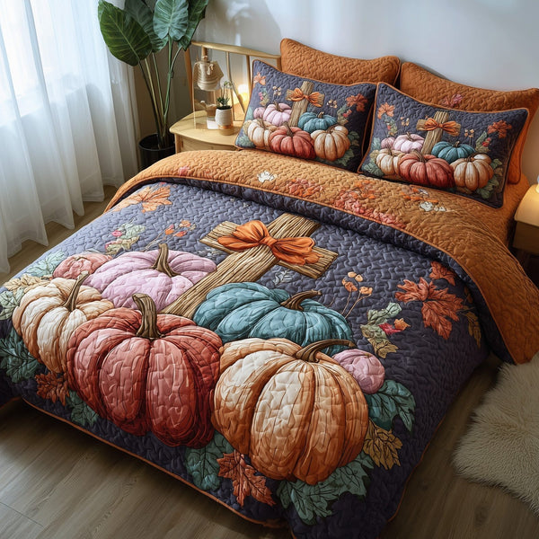 Fall for Jesus quilted 3-piece bedding set on a made bed in a softly lit bedroom