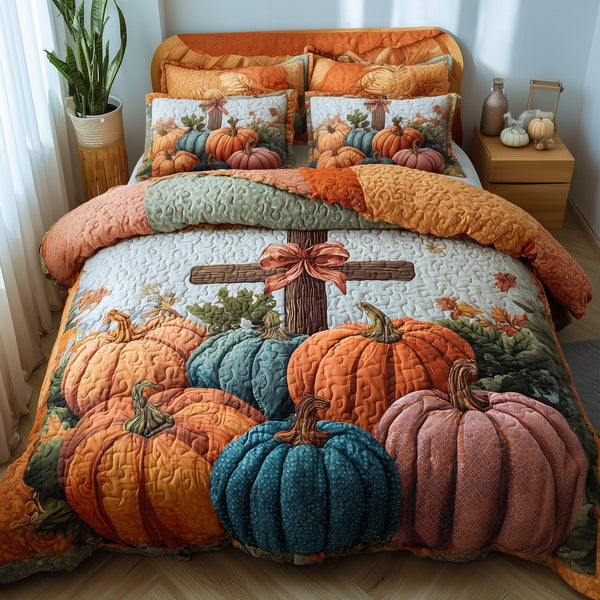 Fall for Jesus quilted 3-piece bedding set on a made bed in a softly lit bedroom