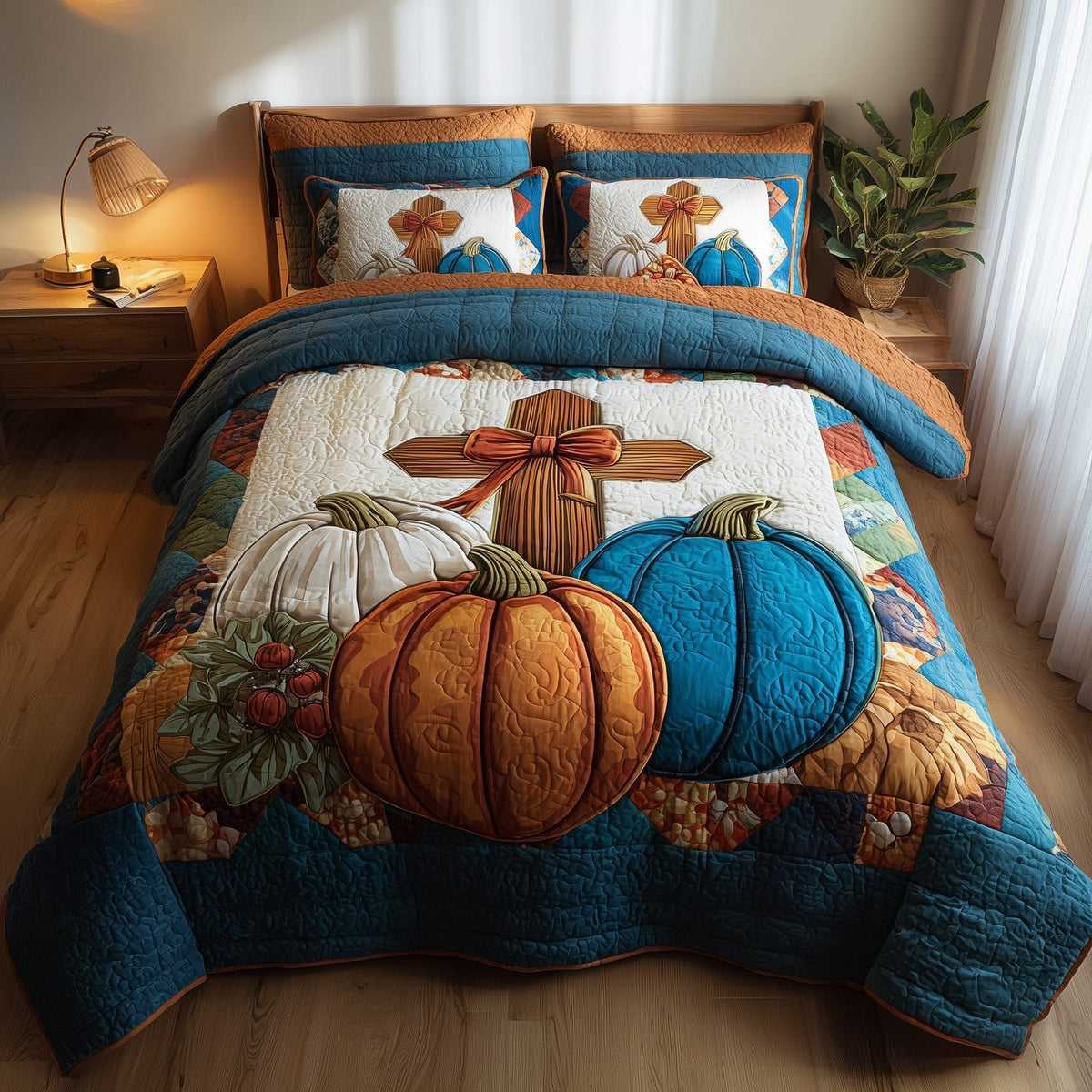 Fall for Jesus quilted 3-piece bedding set on a made bed in a softly lit bedroom