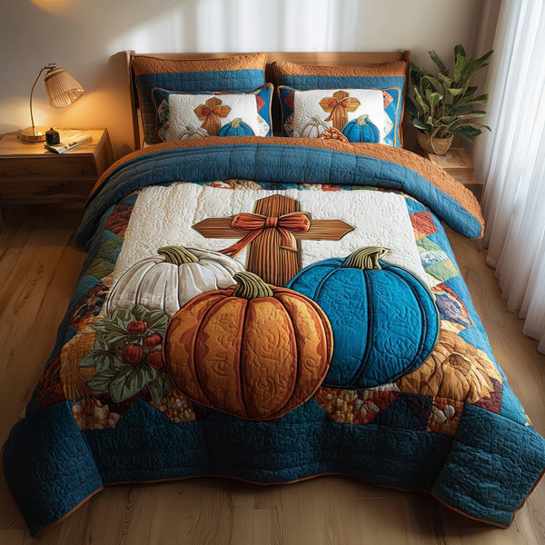 Fall for Jesus quilted 3-piece bedding set on a made bed in a softly lit bedroom