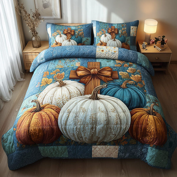 Fall for Jesus quilted 3-piece bedding set on a made bed in a softly lit bedroom