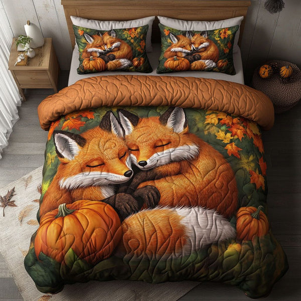 Fall Fox Wonders quilted 3-piece bedding set on a made bed with two matching pillow shams