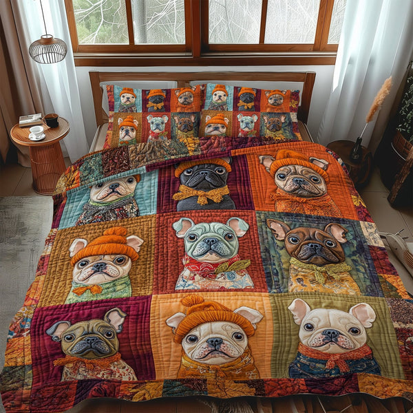 Fall Frenchie Fanatic quilted 3-piece bedding set on a made bed with two matching pillow shams