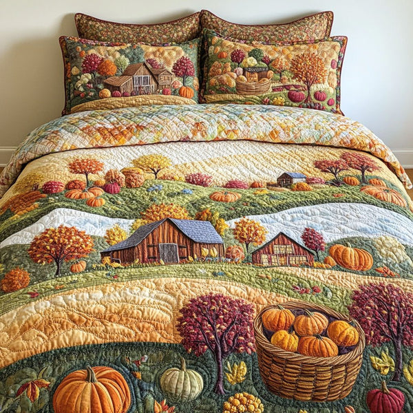 Fall Garden Beauty quilted 3-piece bedding set on a made bed with two matching pillow shams