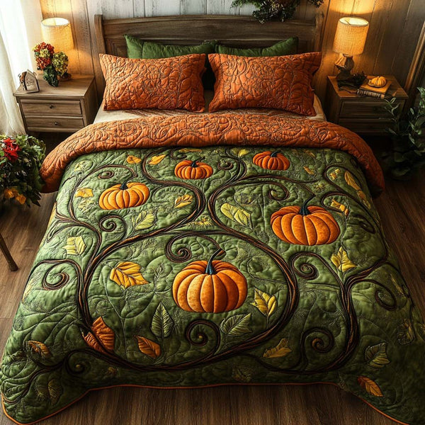 Fall Garden Path quilted 3-piece bedding set on a made bed with two matching pillow shams