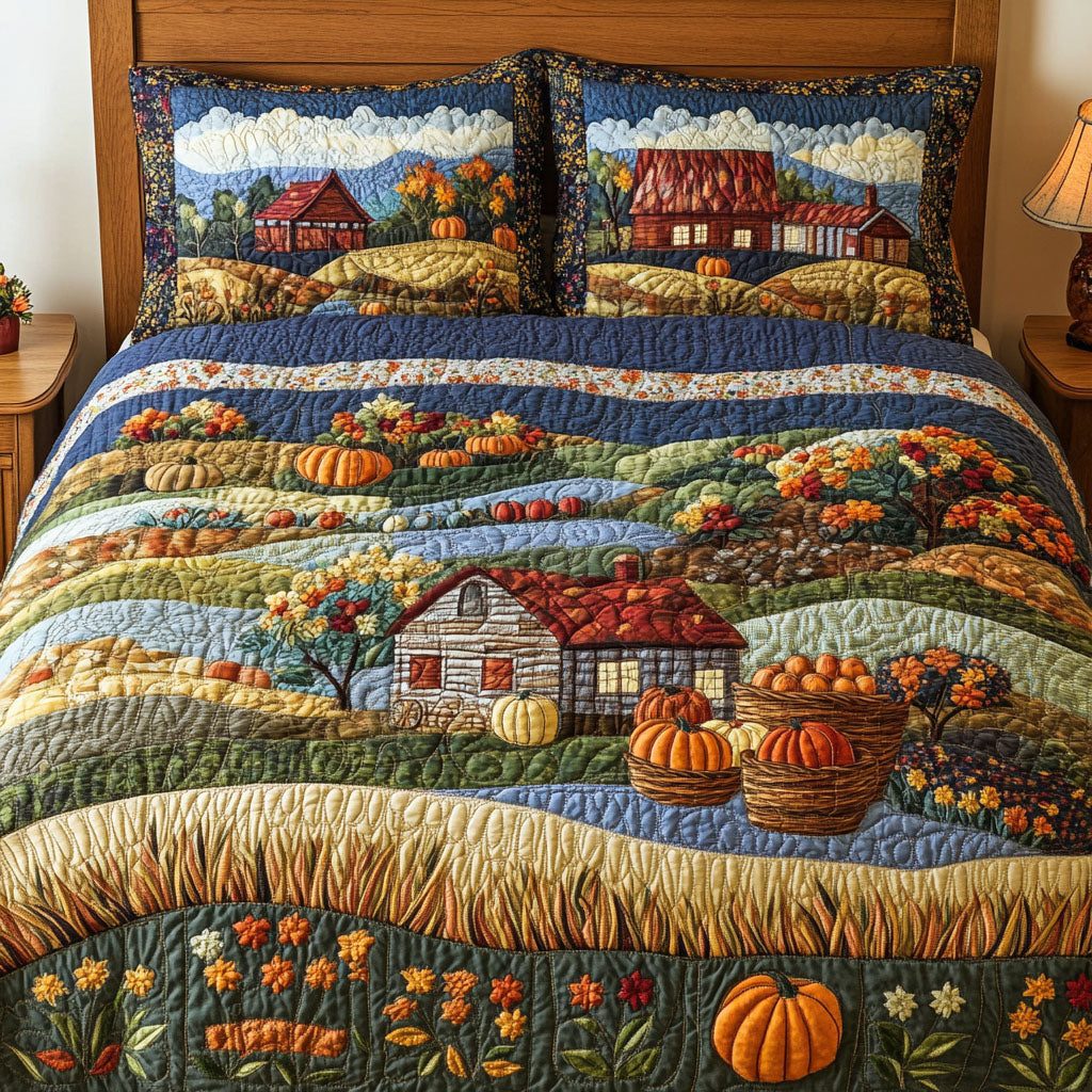 Fall Garden Path quilted 3-piece bedding set on a made bed with two matching pillow shams