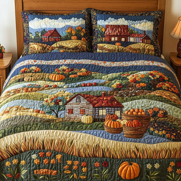 Fall Garden Path quilted 3-piece bedding set on a made bed with two matching pillow shams
