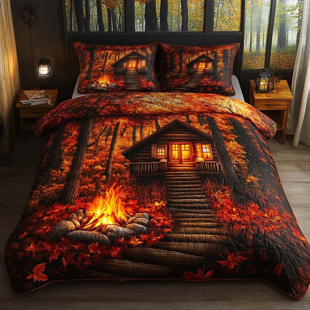 Fall Glow quilted 3-piece bedding set on a made bed with two matching pillow shams