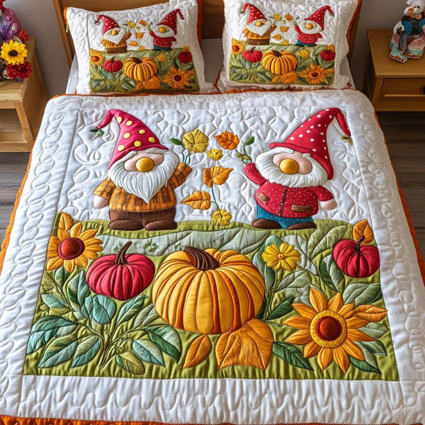 Fall Gnome Charm quilted 3-piece bedding set on a made bed in a winter-styled bedroom