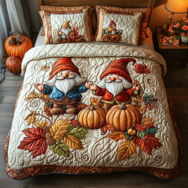 Fall Gnome Gathering quilted 3-piece bedding set on a made bed in a winter-styled bedroom