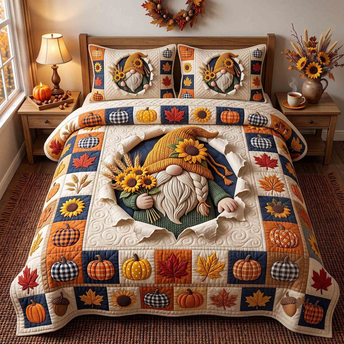 Fall Gnome quilted 3-piece bedding set on a made bed in a winter-styled bedroom