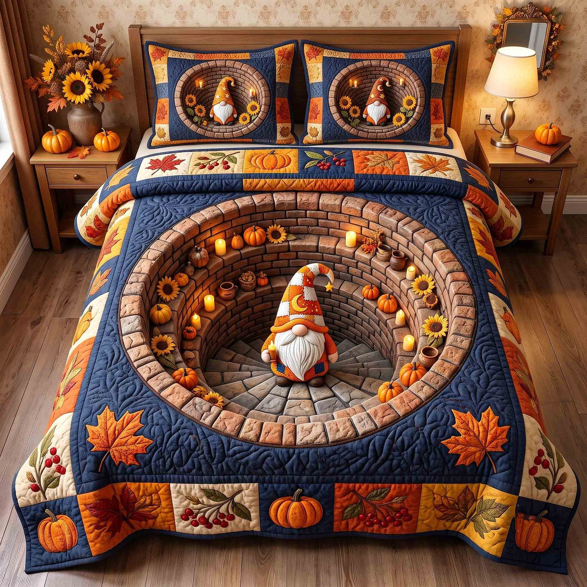 Fall Gnome quilted 3-piece bedding set on a made bed in a winter-styled bedroom