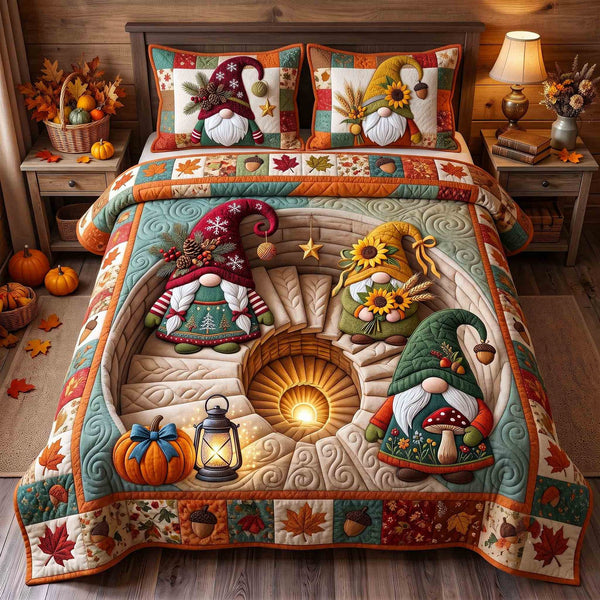 Fall Gnome quilted 3-piece bedding set on a made bed in a winter-styled bedroom