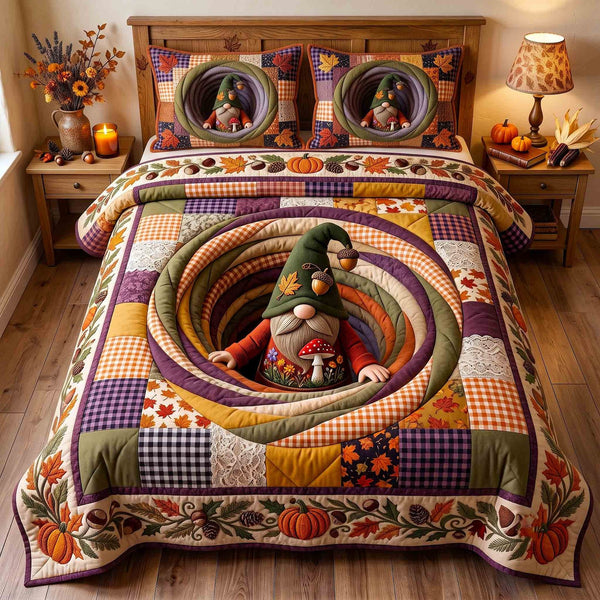 Fall Gnome quilted 3-piece bedding set on a made bed in a winter-styled bedroom