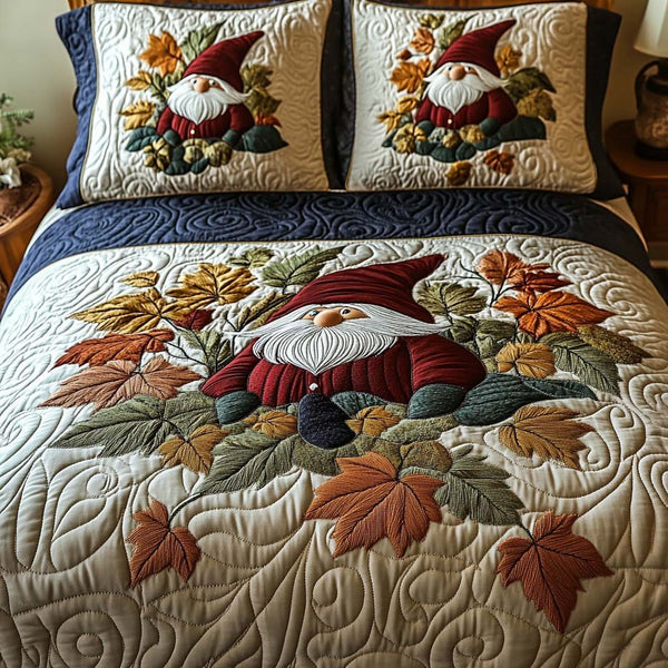 Fall Gnome quilted 3-piece bedding set on a made bed in a winter-styled bedroom