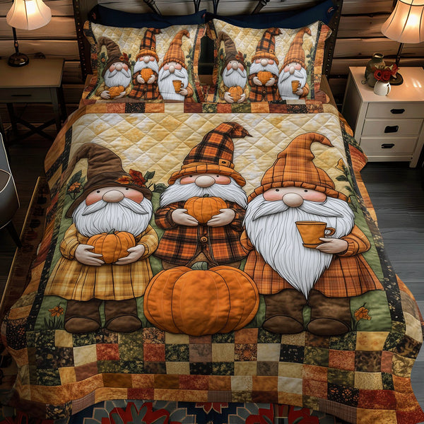 Fall Gnomes quilted 3-piece bedding set on a made bed with two matching pillow shams