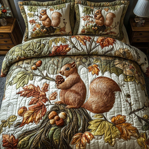 Fall Harvest Squirrel quilted 3-piece bedding set on a made bed with two matching pillow shams