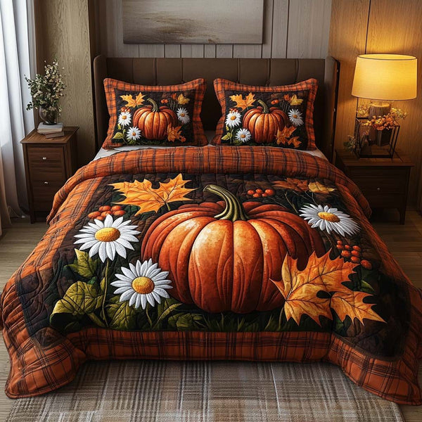 Fall Heartbeat Calm quilted 3-piece bedding set on a made bed with two matching pillow shams