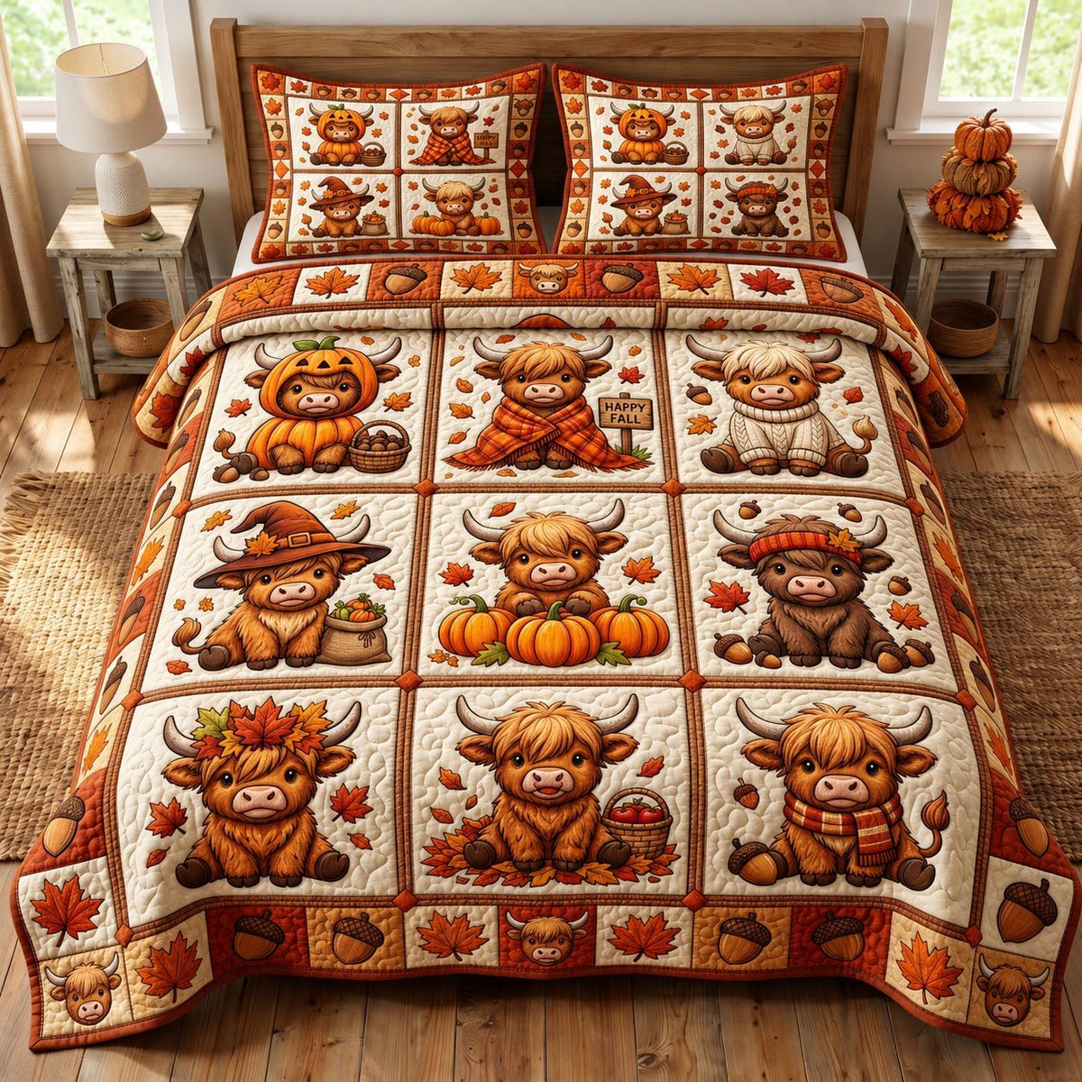 Fall Highland Cow quilted 3-piece bedding set on a made bed with two matching pillow shams