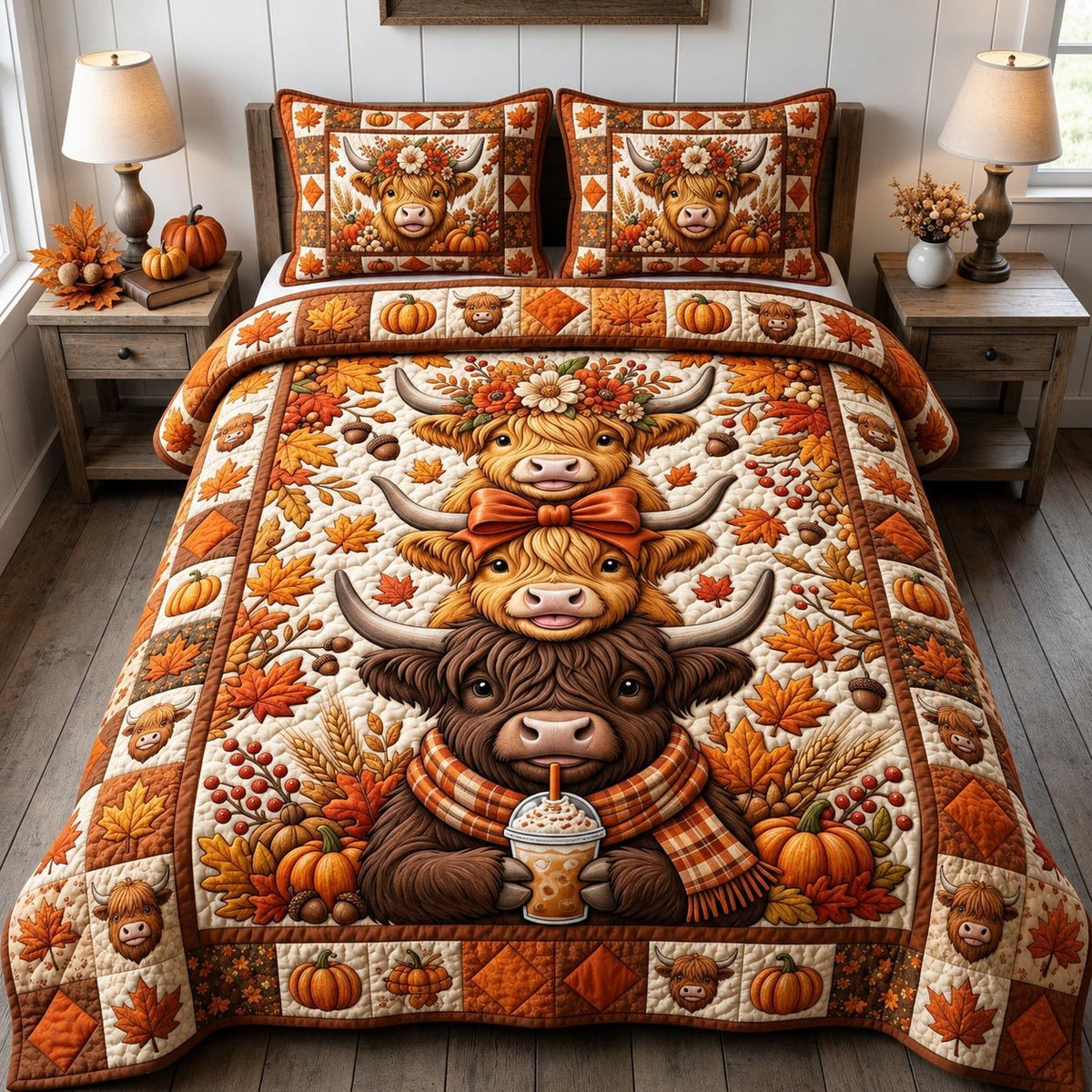 Fall Highland Cow quilted 3-piece bedding set on a made bed with two matching pillow shams