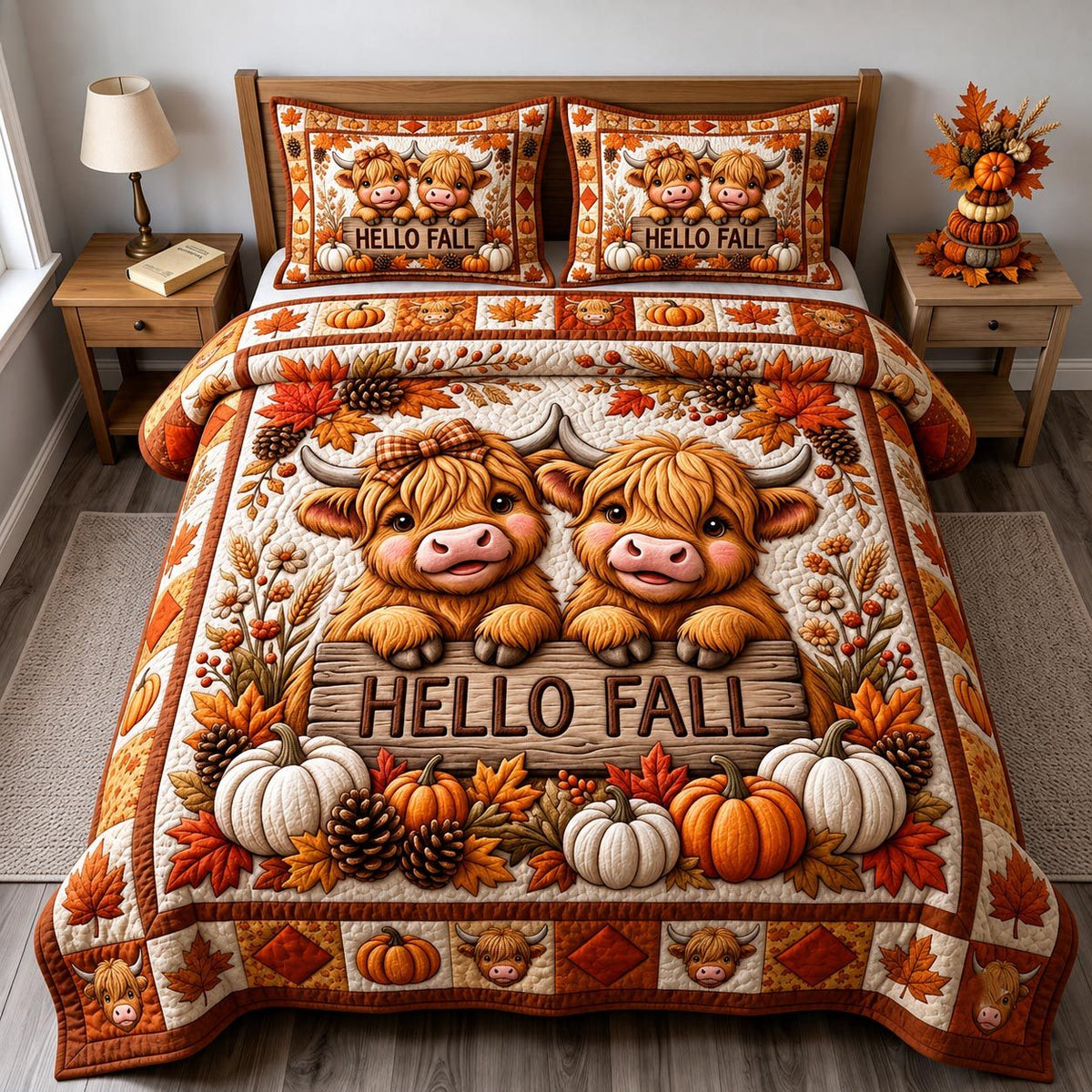 Fall Highland Cow quilted 3-piece bedding set on a made bed with two matching pillow shams