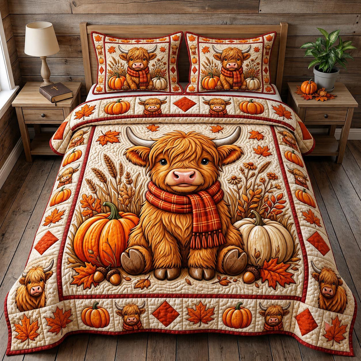 Fall Highland Cow quilted 3-piece bedding set on a made bed with two matching pillow shams