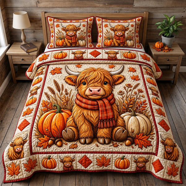 Fall Highland Cow quilted 3-piece bedding set on a made bed with two matching pillow shams