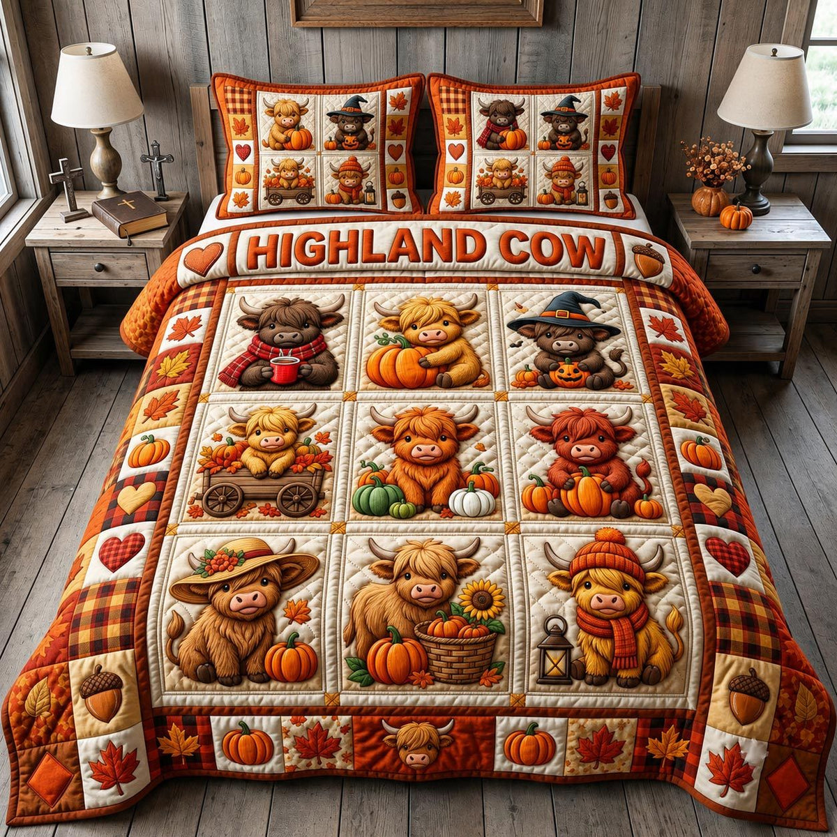 Fall Highland Cow quilted 3-piece bedding set on a made bed with two matching pillow shams