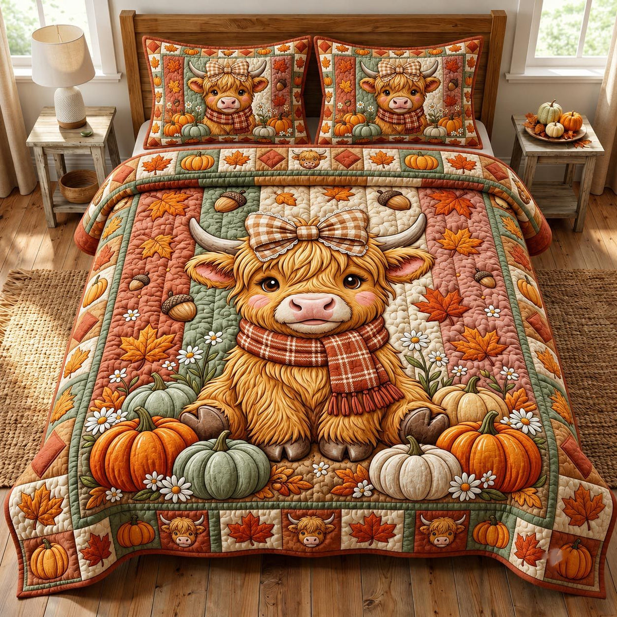 Fall Highland Cow quilted 3-piece bedding set on a made bed with two matching pillow shams