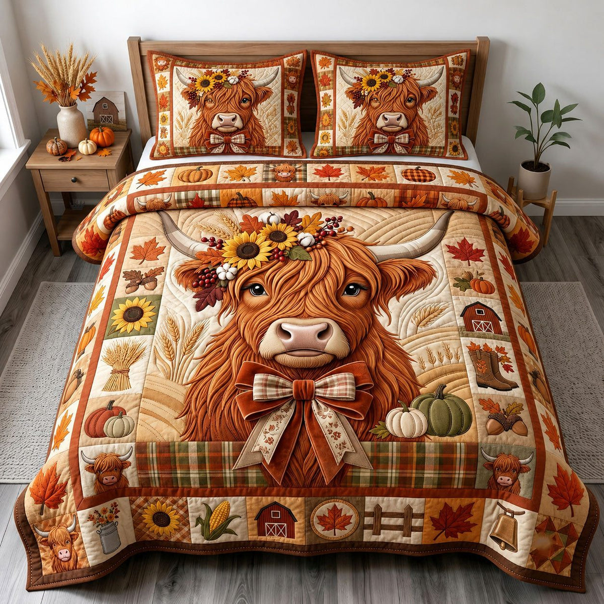 Fall Highland Cow quilted 3-piece bedding set on a made bed with two matching pillow shams