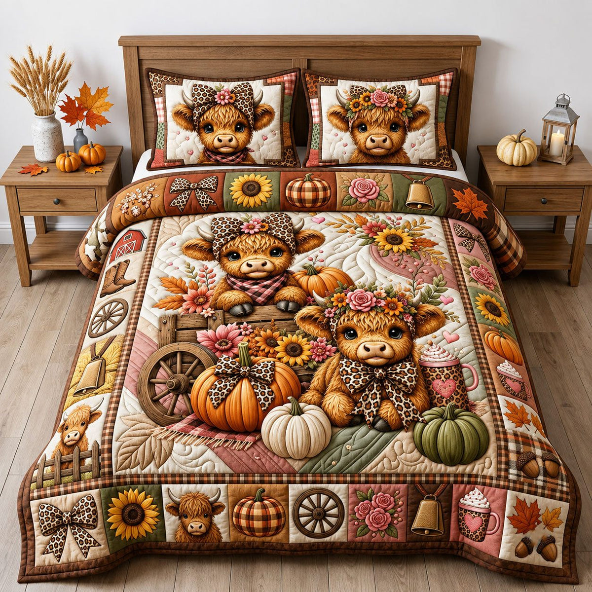 Fall Highland Cow quilted 3-piece bedding set on a made bed with two matching pillow shams