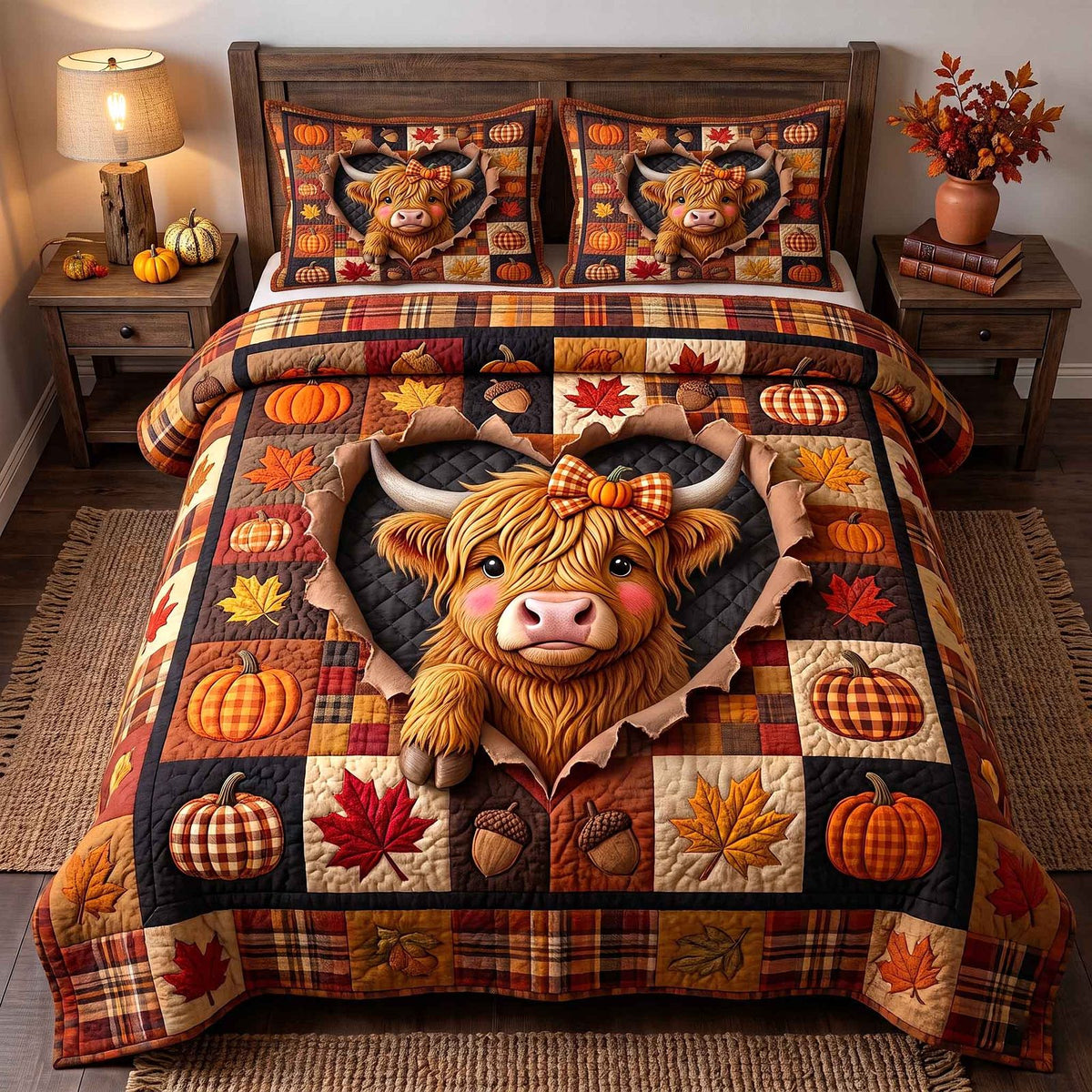Fall Highland Cow quilted 3-piece bedding set on a made bed with two matching pillow shams