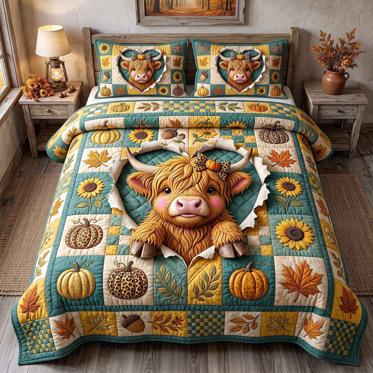 Fall Highland Cow quilted 3-piece bedding set on a made bed with two matching pillow shams