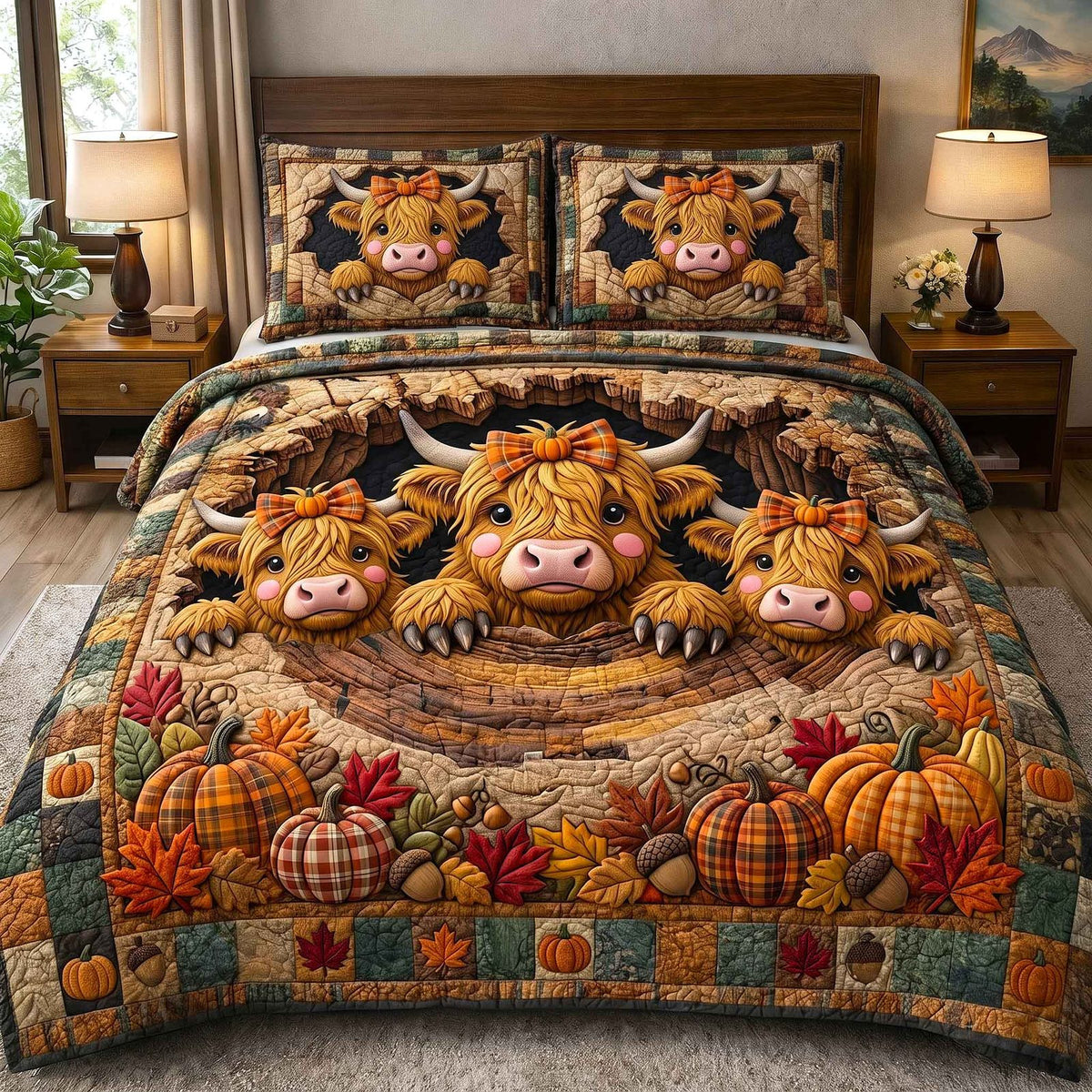 Fall Highland Cow quilted 3-piece bedding set on a made bed with two matching pillow shams