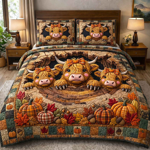 Fall Highland Cow quilted 3-piece bedding set on a made bed with two matching pillow shams