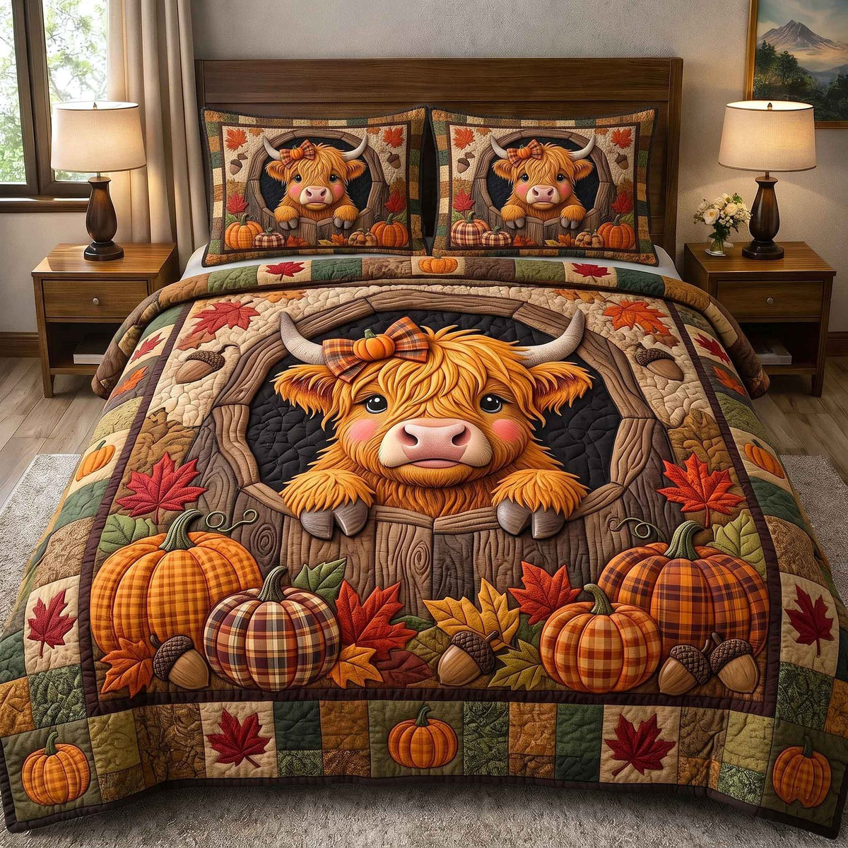Fall Highland Cow quilted 3-piece bedding set on a made bed with two matching pillow shams