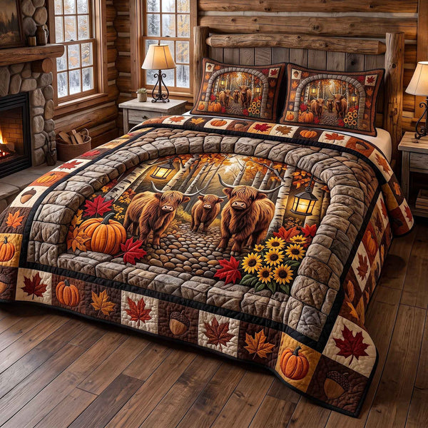 Fall Highland Cow quilted 3-piece bedding set on a made bed with two matching pillow shams