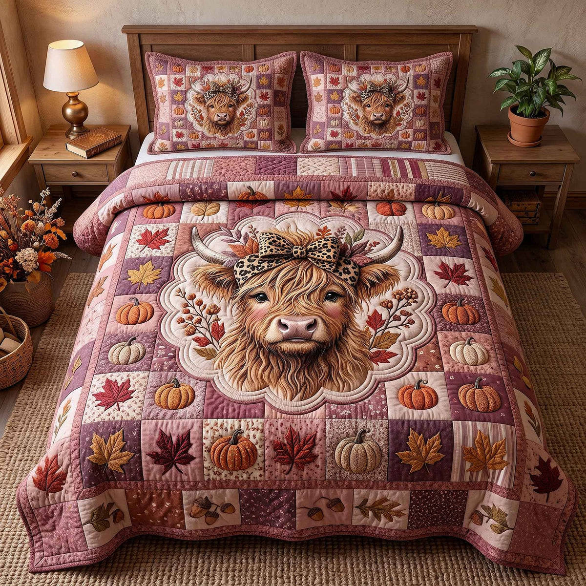 Fall Highland Cow quilted 3-piece bedding set on a made bed with two matching pillow shams