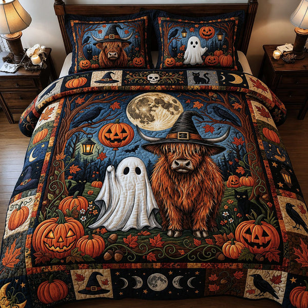 Fall Highland Cow With Ghost quilted 3-piece bedding set on a made bed against a dark styled interior