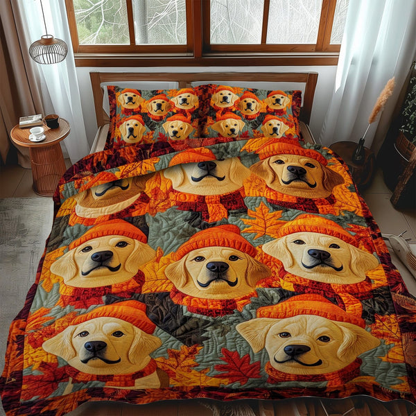 Fall In Retriever quilted 3-piece bedding set on a made bed with two matching pillow shams