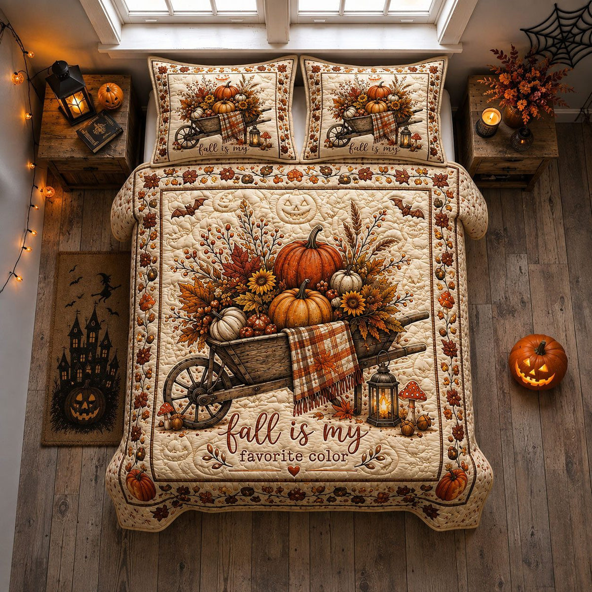 Fall Is My Favorite Color Harvest quilted 3-piece bedding set on a made bed with two matching pillow shams